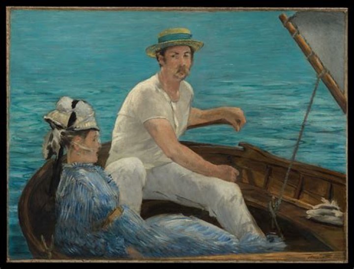 Painting depicts a man boating on a river with buildings on each side.
